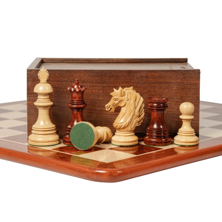 Prestige luxury Staunton chess pieces on 21 inch padauk wooden chessboard with storage box – premium Indian chess set.