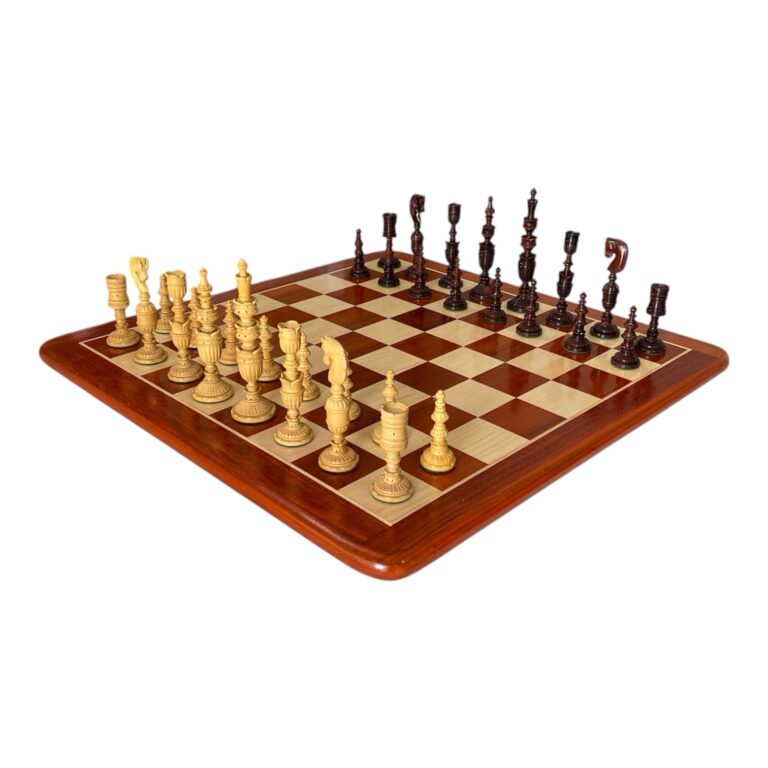 Premium wooden chess board with flower carved chess pieces – luxury Indian chess set in Padauk wood