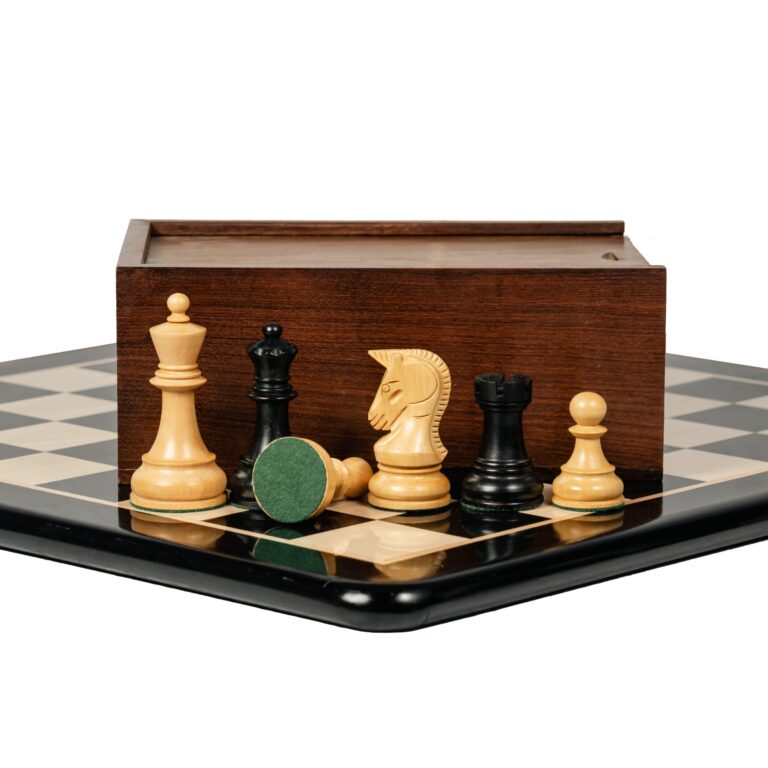 1970s Dubrovnik Fischer chess pieces on 21 inch ebony wooden chessboard with storage box – premium Indian chess set.