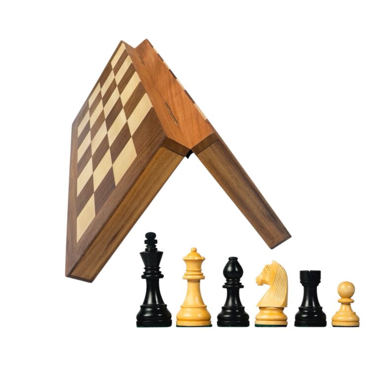 3.75 inch German knight ebonised chess pieces on folding wooden chessboard with 55mm squares – premium Indian chess set.