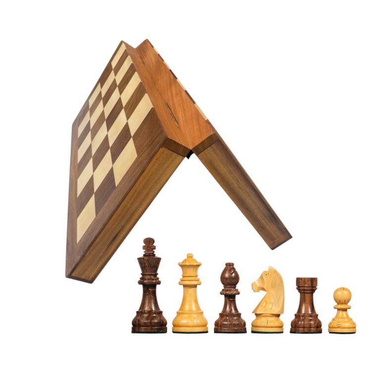 3.75 inch carved German knight chess pieces on folding wooden chessboard with 55mm squares – premium Indian chess set.