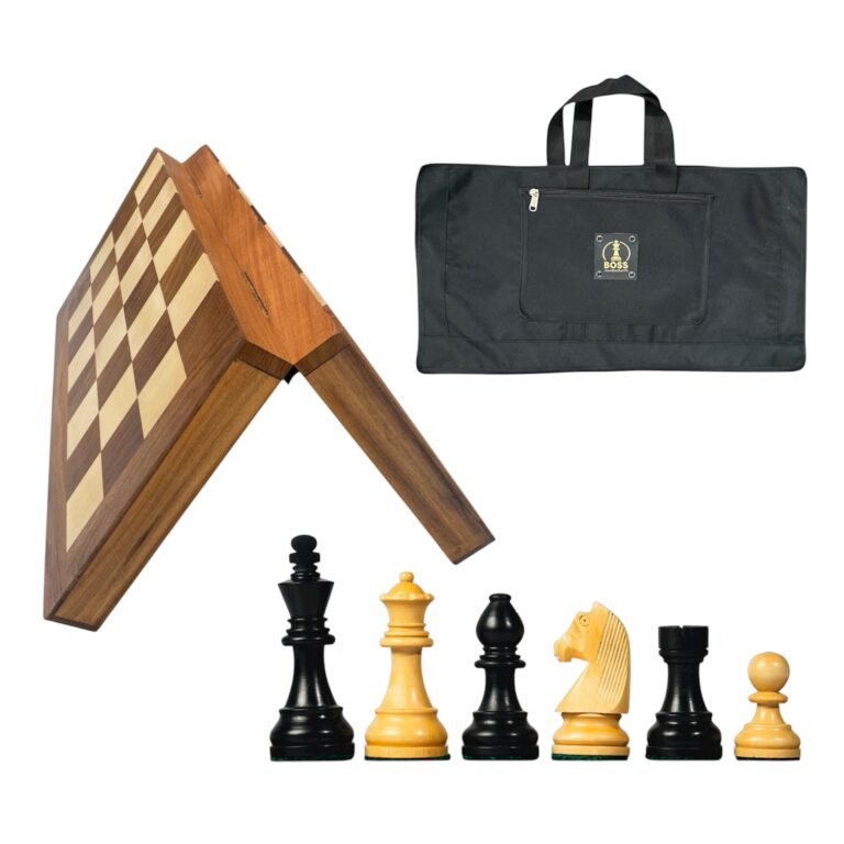 3.75 inch ebonised German knight chess pieces with folding wooden chessboard and bag – premium Indian chess set.