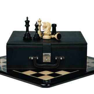 4.3” ELEGANT BRIDLE KNIGHT LUXURY STAUNTON EBONY TRIPLE WEIGHTED CHESS PIECES WITH EBONY CHESSBOARD & STORAGE BOX Premium wooden chessboard with luxury ebony chess pieces featuring elegant bridle knight – handcrafted Indian chess set.