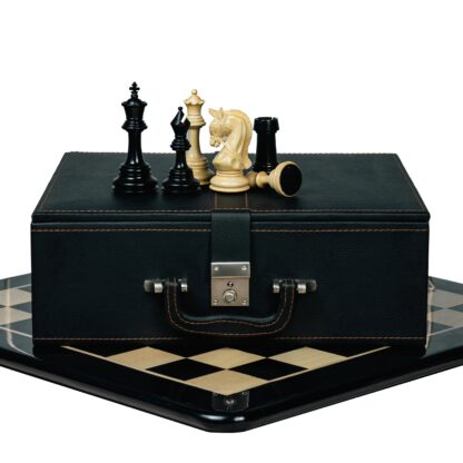 Premium wooden chessboard with luxury ebony chess pieces featuring elegant bridle knight – handcrafted Indian chess set.