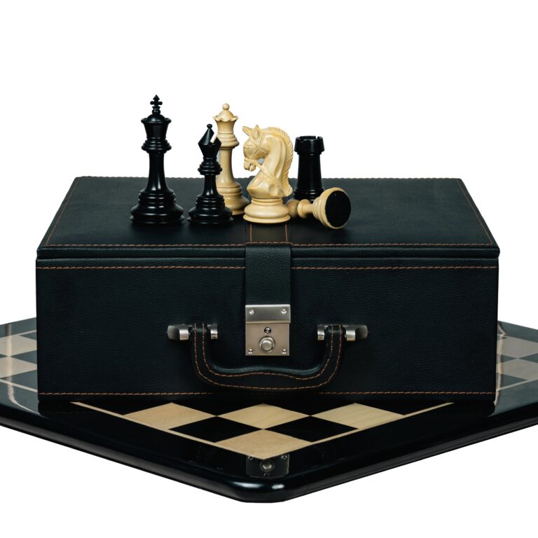 Premium wooden chessboard with luxury ebony chess pieces featuring elegant bridle knight – handcrafted Indian chess set.