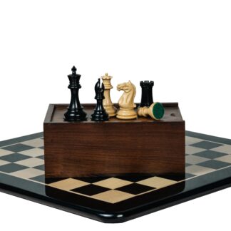 4" FIERCE KNIGHT STAUNTON EBONY TRIPLE WEIGHTED CHESS PIECES WITH 21" EBONY CHESSBOARD & STORAGE BOX