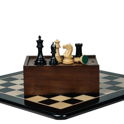 4" FIERCE KNIGHT STAUNTON EBONY TRIPLE WEIGHTED CHESS PIECES WITH 21" EBONY CHESSBOARD & STORAGE BOX