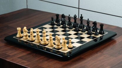 4” NOSEBAND KNIGHT STAUNTON EBONY TRIPLE WEIGHTED CHESS PIECES WITH 21” EBONY BOARD & BOX