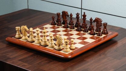 4.5” FLARE KNIGHT LUXURY STAUNTON PADAUK TRIPLE WEIGHTED CHESS PIECES WITH 21” PADAUK CHESSBOARD & STORAGE BOX