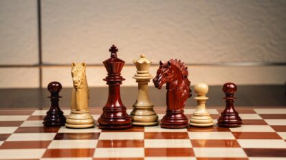 4.5” FLARE KNIGHT LUXURY STAUNTON PADAUK TRIPLE WEIGHTED CHESS PIECES WITH 21” PADAUK CHESSBOARD & STORAGE BOX