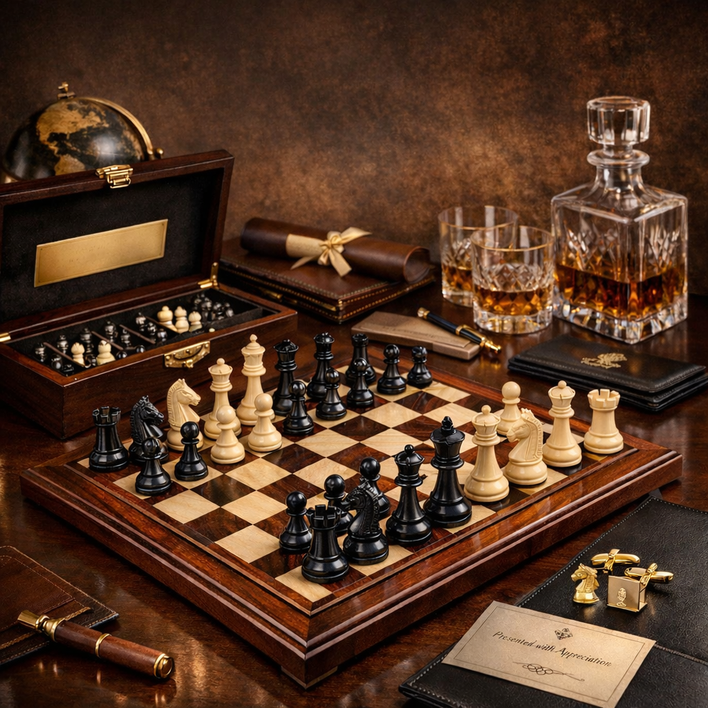 Luxury wooden chess board with handcrafted premium chess pieces displayed as an executive chess board gift, featuring ebony and rosewood finish—ideal for luxury chess set corporate gifting and high-end office décor.