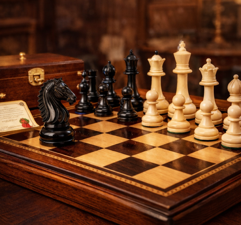 Premium Indian chess set on a wooden chess board featuring hand-carved chess pieces, luxury Staunton chess set on a premium chess board, large collector wooden chess board for elegant home display.