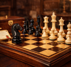 Luxury Staunton chess set on a high-end wooden chess board with hand-carved ebony and boxwood pieces, large 21-inch luxury chess board for collectors, premium handmade chess set with storage box and certificate.