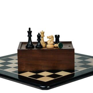 3.75” THE FISCHER SPASSKY 1972 SERIES EBONISED DOUBLE WEIGHTED CHESS PIECES, 21” EBONY BOARD & BOX